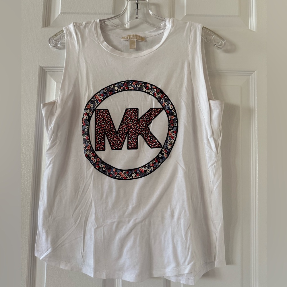 T196- Michael Kors White Top with Multicolor Floral Logo